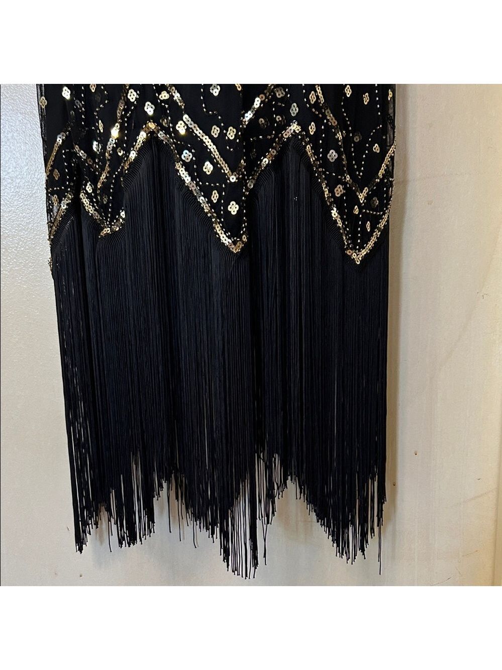 Black and Gold Beaded Fringe V-Neck Flapper Dress size M - Picture 6 of 12